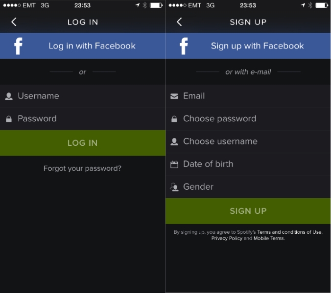 Spotify sijoittaa Facebook-napin sekä kirjautumis- että rekisteröintinäkymään